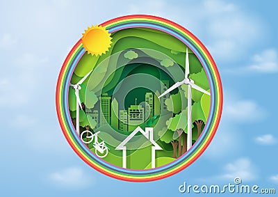 Green nature and eco city concept with rainbow and blue sky Vector Illustration