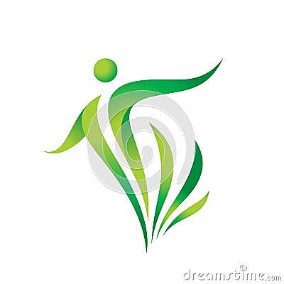 Green nature vector logo template. Health sign. Fitness woman concept illustration. Human character with leaves. Freedom icon. Vector Illustration