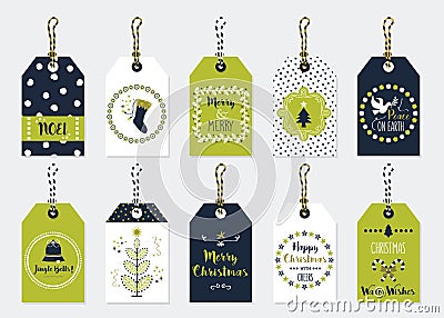 Green and navy blue Christmas assorted gift tags set Vector Illustration