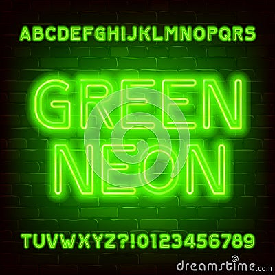 Green Neon alphabet font. Simple neon color letters and numbers. Brick wall background. Vector Illustration