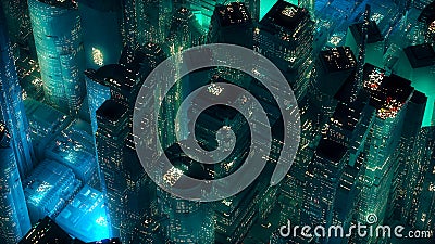 Green neon city skyscrapers modern technology concept Stock Photo