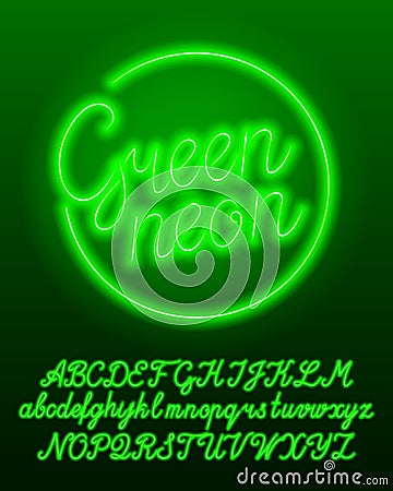 Green neon typescript. Green color light bulb uppercase and lowercase letters and numbers. Vector Illustration