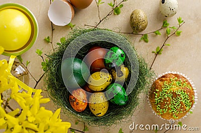 Green nest with many different colored quail easter eggs and muffin with sprinkles on the top. flat lay. Stock Photo