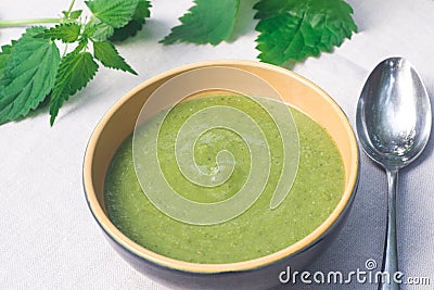 Green nettle soup in bowl Stock Photo