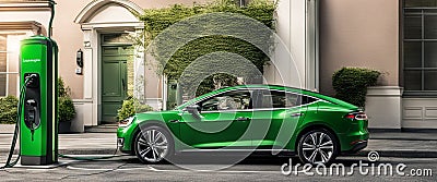 green new ev electric car parked in the street illustration generative ai art Cartoon Illustration