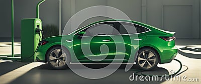 green new ev electric car parked in the street illustration generative ai art Cartoon Illustration