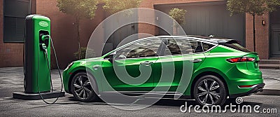 green new ev electric car parked in the street illustration generative ai art Cartoon Illustration