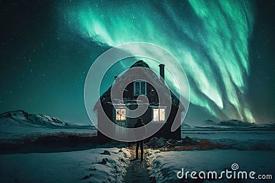 Green northern lights or aurora in sky above lonely wooden house Stock Photo