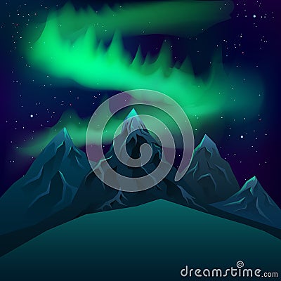 Green northern lights over mountains realistic vector night. Vector Illustration