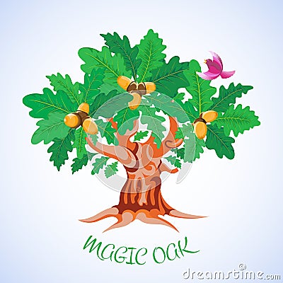 Green oak. A cartoon tree with lush foliage. Curved branches, roots, acorns, colorful bird. Vector Illustration