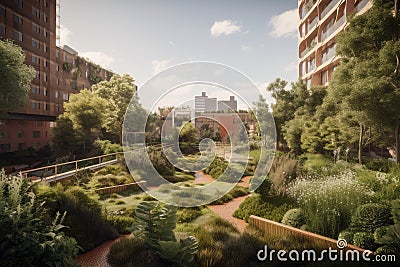 green oasis in the middle of urban landscape, including green parks and organic farms Stock Photo