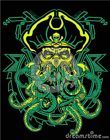 Green octopus robot wearing pirate hat with sacred geometry background for poster and tshirt Stock Photo