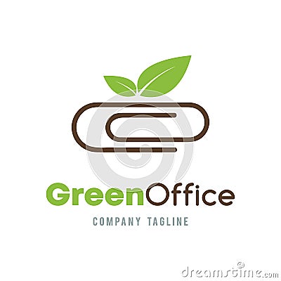 Green Office business abstract vector logo design. Organic Ecology company corporate consultant concept. Paper clip and green lea Vector Illustration