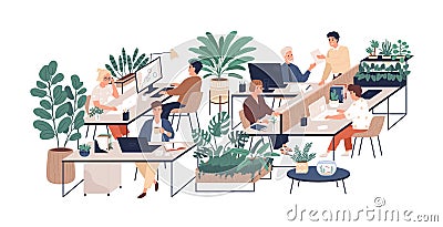 Green office flat vector illustration. Company staff, co-workers male and female cartoon characters. Comfortable Vector Illustration