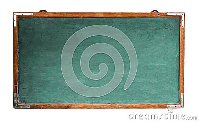 Green old grungy vintage wooden empty wide chalkboard or retro blackboard with weathered frame isolated white background Stock Photo