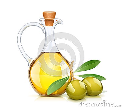 Green Olive Oils bottle with cork. Glass jug. Vector Illustration