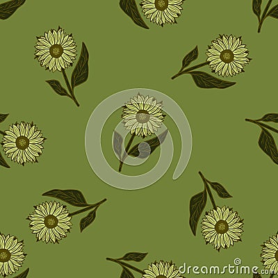 Green olive seamless pattern with contoured outline sunflowers silhouettes. Pale palette spring artwork Vector Illustration