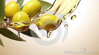 Green olives in natural oil. Cosmetic essence moisturizer healthy skin cosmetics add. Liquid olive oil splash close up Stock Photo