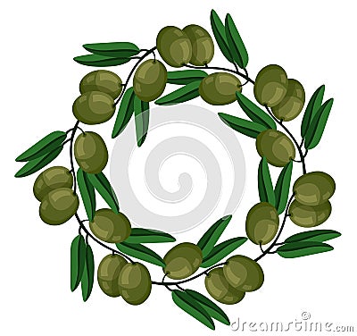 Green olives wreath Vector. Round frame of leaves. Natural decor of plants. Vector cartoon illustration. Green, cute Vector Illustration