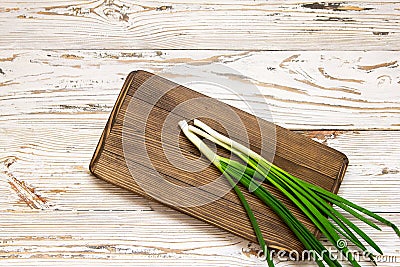 Board cooking kitchen green onion vintage background copy space Stock Photo