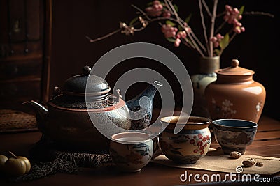Green oolong tea in a teapot on the table. Hot tea in cups. Tea ceremony. Teapot and a cup of tea with green tea on the table. Stock Photo