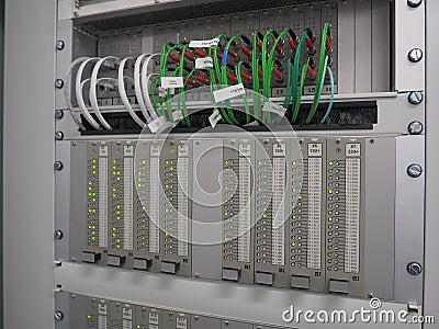 Green optic fiber cables and green lighting indicators Stock Photo