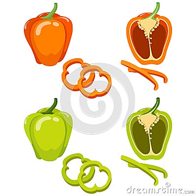 Green and orange bell pepper. Whole and slice isolated on white background. Vector Illustration