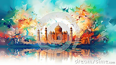 Green, orange, blue, white Taj Mahal background, Indian Independence design. Generative ai Cartoon Illustration