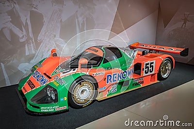 Green and orange Mazda 787B Renown, winner of Le Mans 1991 Japanese Wankel rotary engine Editorial Stock Photo