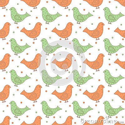 Green and orange ornate birds with dots in the background Vector Illustration