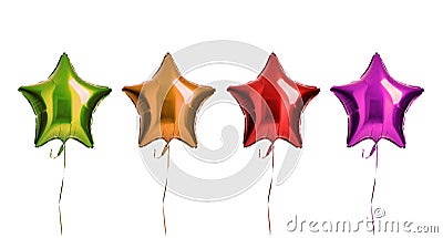 Green orange red and purple metallic star balloons composition objects for birthday party isolated on a white Stock Photo