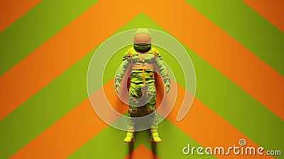 Green Orange Spaceman Astronaut Cosmonaut with Green an Orange Chevron Background Cartoon Illustration