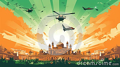 Green, orange Taj Mahal background, India Independence Day illustration. Generative ai Cartoon Illustration