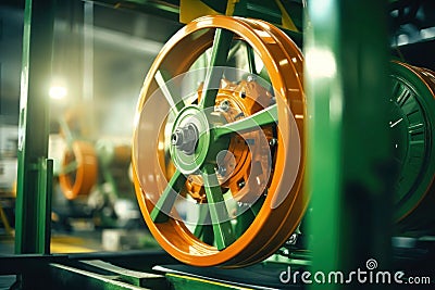 Photo of an industrial machine with a vibrant green and orange wheel. Modern metal processing at an industrial enterprise. Stock Photo