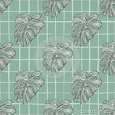 Green outline contoured seamless pattern with doodle monstera shapes print. Chequered background Vector Illustration
