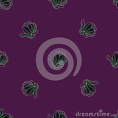 Green outline magnolia flowers shapes seamless doodle pattern. Purple background. Nature print Vector Illustration