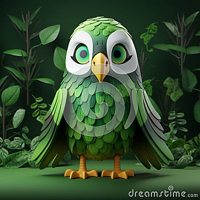 Playful Green Leafy Owl Illustration In Cinema4d Style Stock Photo