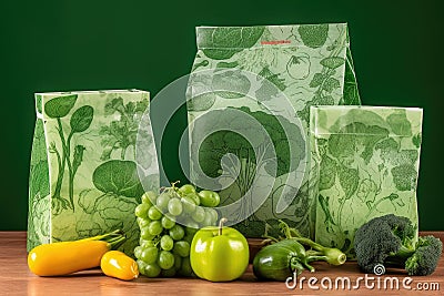 green packaging with vegetable and fruit drawings on the background Stock Photo