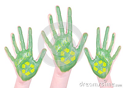 Green painted recycle hands Stock Photo