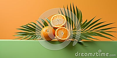 Green palm leaf and oranges on pale orange paper Stock Photo
