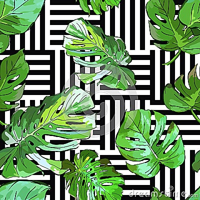 Green palm tree leaves on black and white geometric background. Vector summer seamless pattern. Vector Illustration