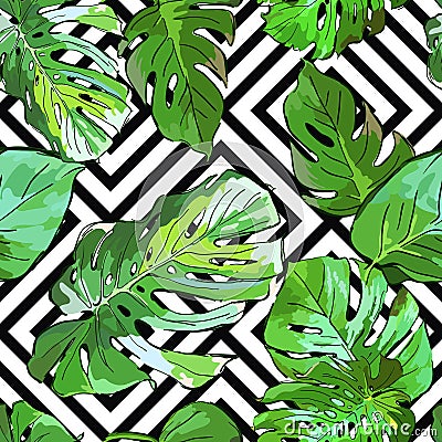 Green palm tree leaves on black and white geometric background. Vector summer seamless pattern. Vector Illustration