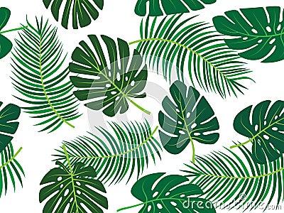 Green palm tree and monstera leaf vector tropical theme seamless pattern Stock Photo