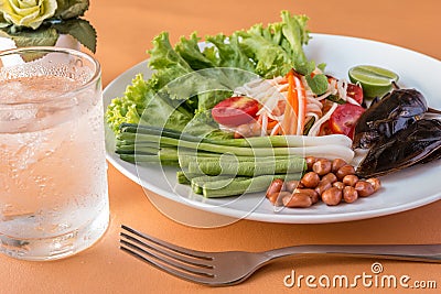 Green Papaya Salad and Lethocerus indicus with lettuce Stock Photo