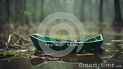 green paper boat on the lake A scary paper boat with the word fear written on it, drifting on a green swamp with fog Stock Photo