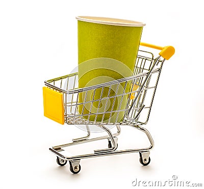 Green paper cups in pushcart Stock Photo