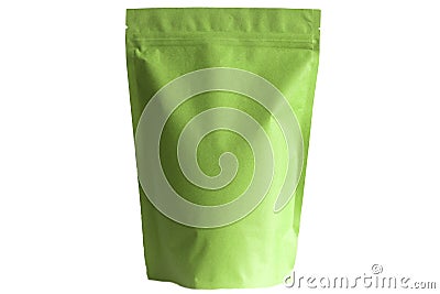 Green paper doypack pouch blank with zipper on white background with round bottom Stock Photo