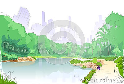 Green park in city center pond trees and road path Vector Illustration