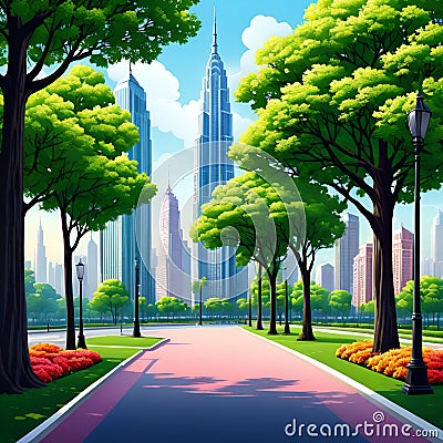 A green park in a city, with skycrapers view, trees, flowers, street, sky and clouds, background, vector art, soft colors Stock Photo