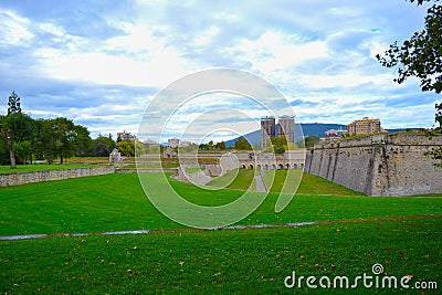 Green park with city walls city citadel of Pamplona, Spain. Stock Photo